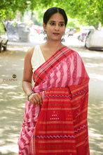 Load image into Gallery viewer, Pallu detail of pink Sambalpuri cotton saree showing ikat buta motifs woven using jala technique by Pasapali