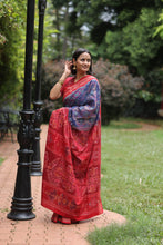 Load image into Gallery viewer, Blue handloom saree with heritage jhoti motifs, rudraksh border symbolism, and striking red pallu – Pasapali