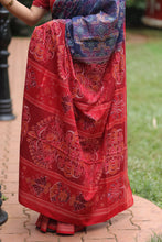 Load image into Gallery viewer, Full drape of blue Sambalpuri saree showcasing colorful jhoti motifs and spiritual rudraksh border