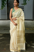 Load image into Gallery viewer, Front drape of natural tussar Sambalpuri handloom saree from Pasapali with golden zari border visible at hem.