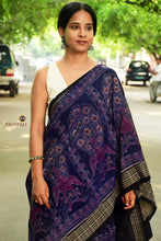 Load image into Gallery viewer, Body weave detail of Night Blue Sambalpuri saree — Mayura peacock motif in Bandhakala double ikat, warp 120 weft 120 mercerized cotton.