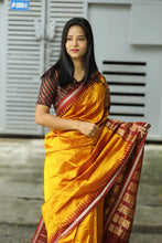 Load image into Gallery viewer, Bomkai Mulberry Silk Saree in Golden with Maroon Border – Handwoven Odisha Saree with Rudraksha & Fish Motifs