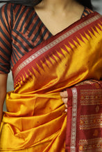 Load image into Gallery viewer, Bomkai Mulberry Silk Saree in Golden with Maroon Border – Handwoven Odisha Saree with Rudraksha & Fish Motifs