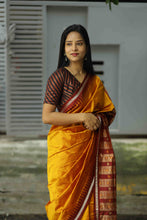 Load image into Gallery viewer, Bomkai Mulberry Silk Saree in Golden with Maroon Border – Handwoven Odisha Saree with Rudraksha & Fish Motifs