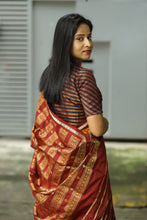 Load image into Gallery viewer, Bomkai Mulberry Silk Saree in Golden with Maroon Border – Handwoven Odisha Saree with Rudraksha & Fish Motifs
