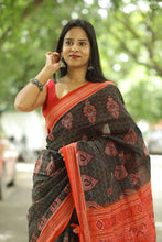 Load image into Gallery viewer, Mercerized cotton Sambalpuri saree in dark brown with green floral buds and red flowers – Pasapali