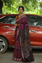 Load image into Gallery viewer, Purple Sambalpuri Bandha cotton saree with Konark motifs and maroon Rudraksh border, handwoven in Ikat style