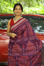 Load image into Gallery viewer, Purple Sambalpuri cotton saree with Konark motifs and maroon Rudraksh border, handwoven in Ikat style