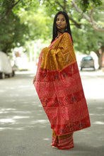 Load image into Gallery viewer, Premium mercerized cotton Sambalpuri saree in yellow with Ikat-dyed motifs and red finish