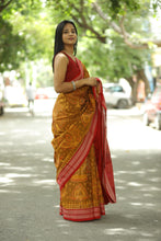 Load image into Gallery viewer, Golden Yellow cotton saree with striking red rudraksh border and elegant Ikat pallu