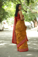 Load image into Gallery viewer, Sambalpuri cotton saree in yellow with handcrafted tree designs and red border – Pasapali