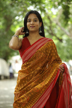 Load image into Gallery viewer, Full drape of GI certified yellow Sambalpuri saree with red Ikat pallu and rudraksh motifs
