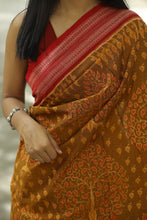 Load image into Gallery viewer, Close-up of tree motif weaving on traditional yellow Sambalpuri handloom saree