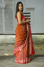 Load image into Gallery viewer, Premium handloom saree in earthy brown cotton with traditional animal motifs including fish, elephant, and lion