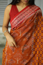 Load image into Gallery viewer, Bandha Ikat weave showing fish, lion, and elephant motifs on premium Sambalpuri cotton saree
