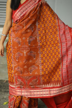 Load image into Gallery viewer, Brown mercerized cotton saree from Odisha with woven fish border and intricate elephant and lion motifs – Pasapali