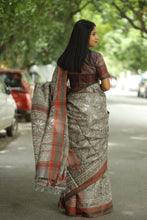 Load image into Gallery viewer, Authentic handloom Tussar silk saree with vibrant Vidarbha border and intricate block print motifs