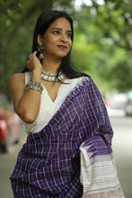 Load image into Gallery viewer, Purple Phoda Kumbha Sambalpuri cotton saree with checked pattern and off-white border – Pasapali
