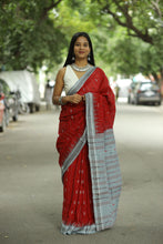 Load image into Gallery viewer, Wine Hibiscus Phoda Kumbha cotton saree with fish buta motifs and traditional ikat pallu