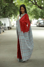 Load image into Gallery viewer, Phoda Kumbha mercerized cotton saree in maroon red with fish motifs and traditional ikat pallu finish