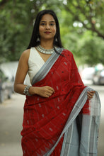 Load image into Gallery viewer, Authentic GI handloom Sambalpuri saree with fish motifs, bluish-grey border, and luxurious texture