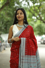 Load image into Gallery viewer, Heritage Phoda Kumbha saree with maroon red base, bluish-grey border, and elegant handwoven ikat pallu