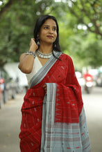 Load image into Gallery viewer, Artisan-crafted maroon red Phoda Kumbha saree featuring bluish-grey border and elegant ikat detailing