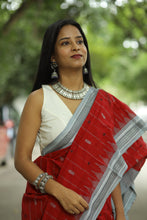 Load image into Gallery viewer, Handwoven Sambalpuri Phoda Kumbha cotton saree in maroon red with intricate fish motifs and ikat pallu