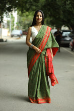 Load image into Gallery viewer, Authentic Phoda Kumbha handloom saree in deep mehendi green with fish motifs and elegant red border