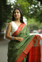 Load image into Gallery viewer, Handwoven Phoda Kumbha cotton saree featuring mehendi body, red border, and vibrant ikat pallu