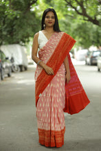 Load image into Gallery viewer, Traditional Ikat-dyed Sambalpuri saree with orange-red floral pallu and leaf designs