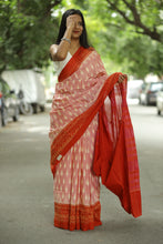 Load image into Gallery viewer, Pure cotton orange-white Sambalpuri saree with handcrafted leaf motifs and Ikat border