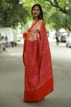 Load image into Gallery viewer, Luxury Sambalpuri saree in white with orange border and floral Ikat pallu – GI certified