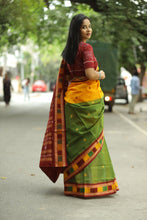Load image into Gallery viewer, Half-half Sambalpuri saree with intricate check weave in yellow and mehendi tones, crafted by artisans