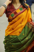Load image into Gallery viewer, Handwoven Sambalpuri cotton saree featuring dual-tone half and half design in yellow and mehendi green