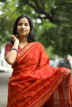 Load image into Gallery viewer, Bright red Sambalpuri cotton saree with intricate tree motifs and maroon Rudraksha border – Pasapali