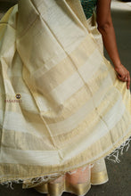 Load image into Gallery viewer, Plain solid body weave detail of natural tussar Sambalpuri silk saree — 120 warp and 120 weft thread count visible in texture.