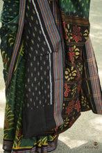 Load image into Gallery viewer, Weave detail of striped buta and large yellow flower on deep green double ikat Sambalpuri cotton saree, Pasapali.