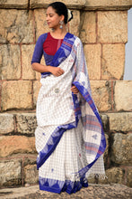 Load image into Gallery viewer, White Tribal Kotpad Cotton Saree with Indigo Border & Heritage Checks