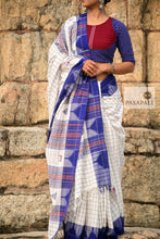 Load image into Gallery viewer, Handwoven white and blue Kotpad cotton saree draped to highlight its organic texture.