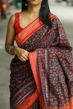 Load image into Gallery viewer, Mercerized Cotton Sambalpuri Saree in dark brown with floral vine and hansa motifs and rudraksha border – Pasapali