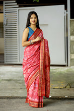 Load image into Gallery viewer, Mercerized Cotton Sambalpuri Saree in pink with tribal hut motifs and red Rudraksha border – Pasapali