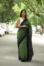 Load image into Gallery viewer, Mercerized cotton Sambalpuri saree in dark green with leaf Ikat motifs – Pasapali
