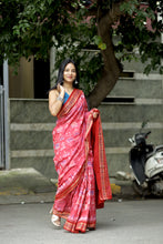 Load image into Gallery viewer, Pink Sambalpuri Ikat saree with tribal motifs and red floral Ikat pallu – Pasapali