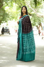 Load image into Gallery viewer, Traditional Ikat Sambalpuri Saree in Black with Geometric Motifs and Green Accents – Pasapali