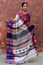 Load image into Gallery viewer, Adrika Kotpad cotton saree flat lay — full length view, off-white with red-blue border and pallu, Pasapali