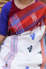 Load image into Gallery viewer, Adrika GI certified Kotpad textile saree — off-white handspun cotton, aal bark dyed, Mirgan tribal weavers