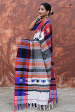 Load image into Gallery viewer, Adrika off-white Kotpad handloom cotton saree by Pasapali — full view, natural aal bark dye, red-blue tribal motifs