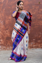 Load image into Gallery viewer, Adrika Kotpad saree pallu detail — lotus, matka, fish, tortoise and temple tribal motifs, natural dye