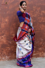 Load image into Gallery viewer, Adrika Kotpad handloom saree body detail — tribal geometric motifs and fish woven in off-white cotton